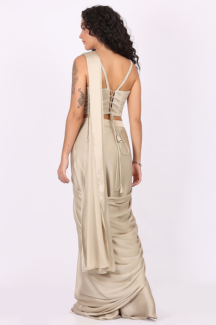 Fawn Beige Modal Satin Draped Party Wear Saree Set by Soniya G at Pernia's Pop Up Shop