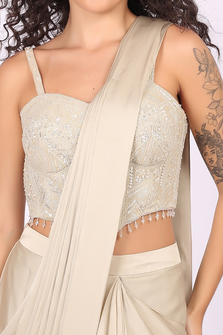 Fawn Beige Modal Satin Draped Party Wear Saree Set by Soniya G at Pernia's Pop Up Shop
