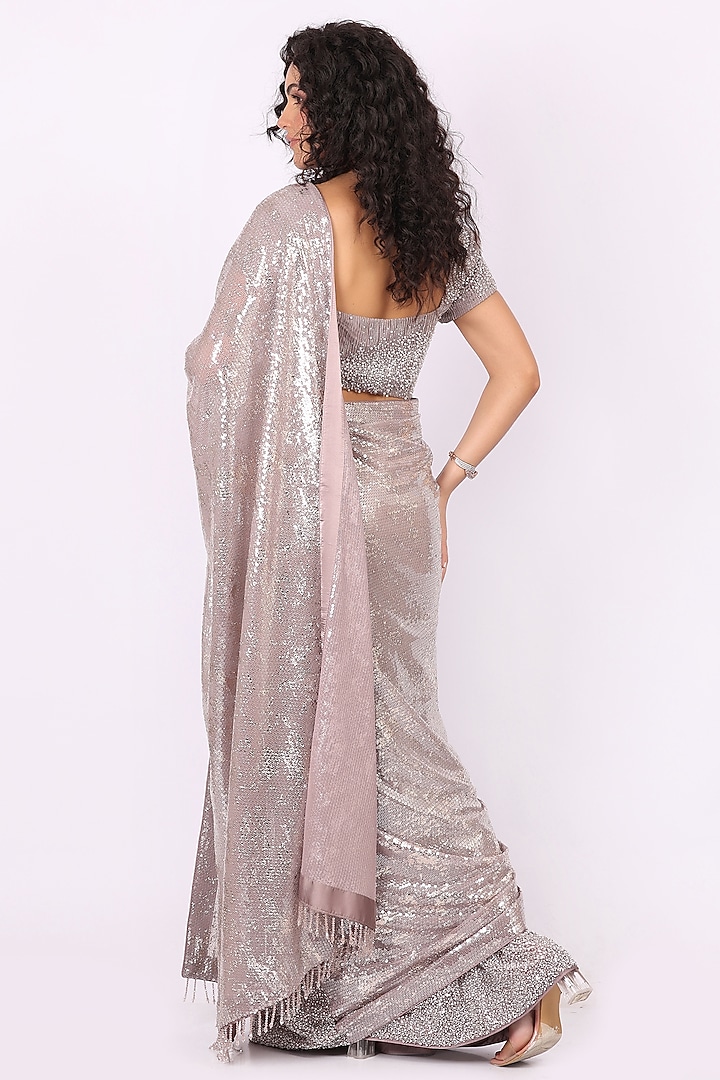 Silver Net Sequin Embellished Draped Wedding Saree Set by Soniya G at Pernia's Pop Up Shop