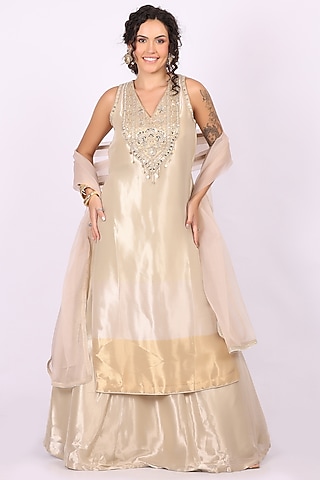 Golden Tissue Lehenga Set by Soniya G
