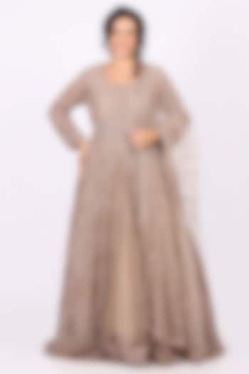 Fawn Beige Net Thread & Sequin Embroidered Wedding Anarkali Set by Soniya G at Pernia's Pop Up Shop