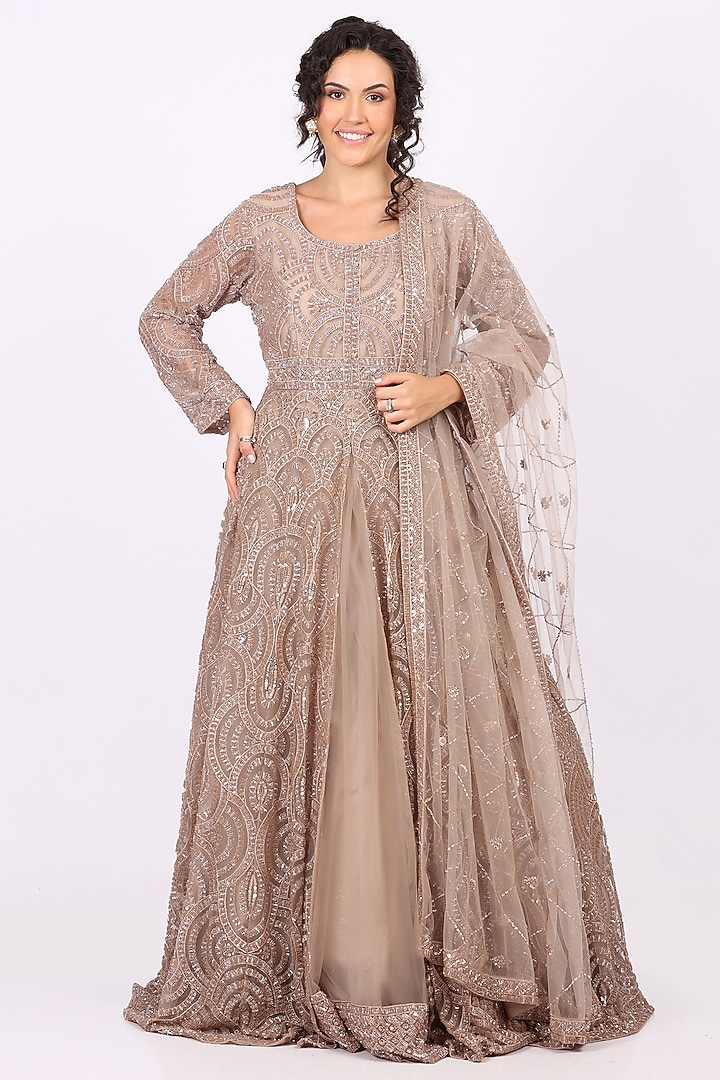 Fawn Beige Net Thread & Sequin Embroidered Wedding Anarkali Set by Soniya G at Pernia's Pop Up Shop