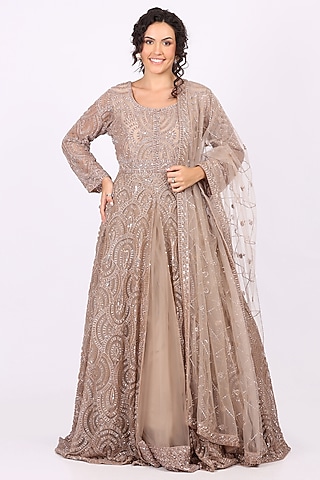 Fawn Beige Net Thread & Sequin Embroidered Anarkali Set by Soniya G