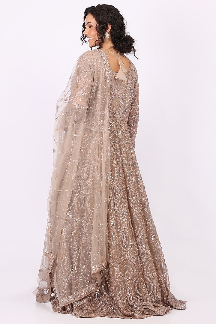 Fawn Beige Net Thread & Sequin Embroidered Wedding Anarkali Set by Soniya G at Pernia's Pop Up Shop