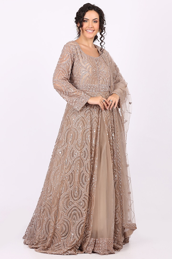 Fawn Beige Net Thread & Sequin Embroidered Wedding Anarkali Set by Soniya G at Pernia's Pop Up Shop