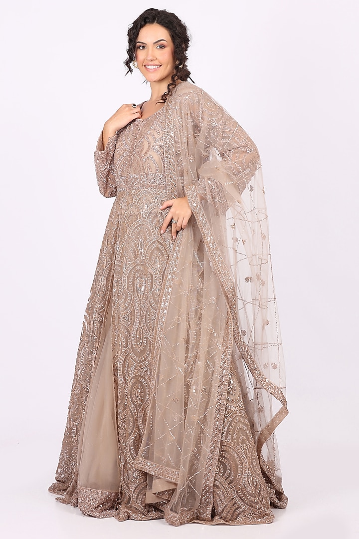 Fawn Beige Net Thread & Sequin Embroidered Wedding Anarkali Set by Soniya G at Pernia's Pop Up Shop