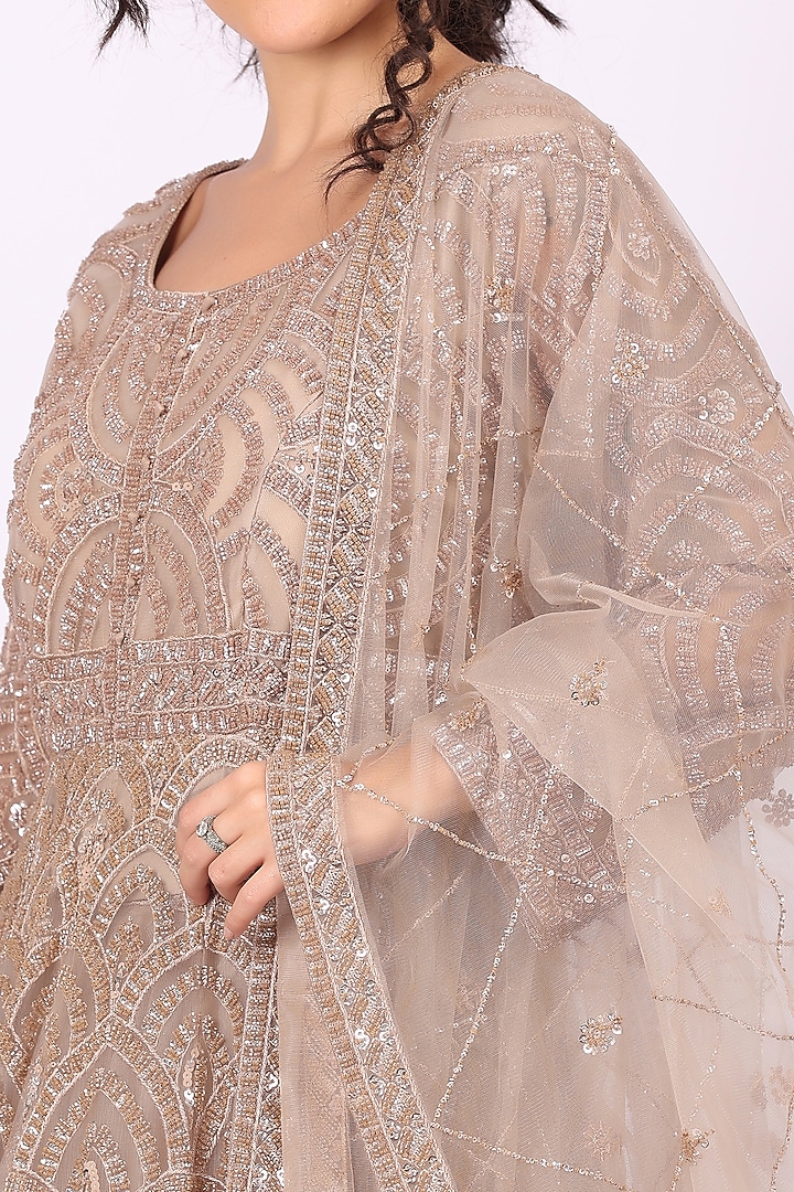 Fawn Beige Net Thread & Sequin Embroidered Wedding Anarkali Set by Soniya G at Pernia's Pop Up Shop