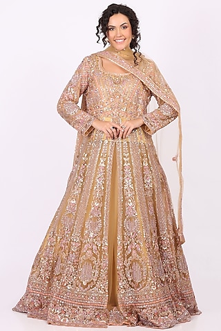Pink Net Hand Embroidered Anarkali Set by Soniya G
