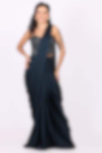 Navy Blue Modal Satin Draped Party Wear Saree Set by Soniya G at Pernia's Pop Up Shop