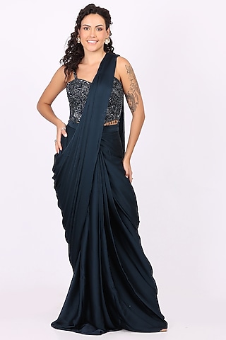 Navy Blue Modal Satin Draped Saree Set by Soniya G