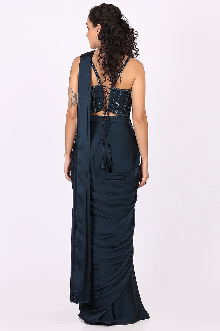 Navy Blue Modal Satin Draped Party Wear Saree Set by Soniya G at Pernia's Pop Up Shop