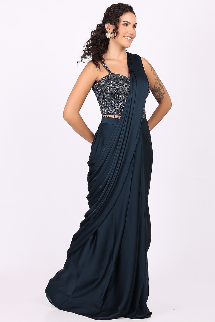 Navy Blue Modal Satin Draped Party Wear Saree Set by Soniya G at Pernia's Pop Up Shop