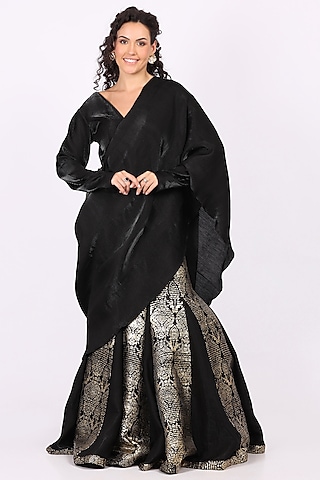 Black Pleated Tissue Embellished Draped Saree Set by Soniya G
