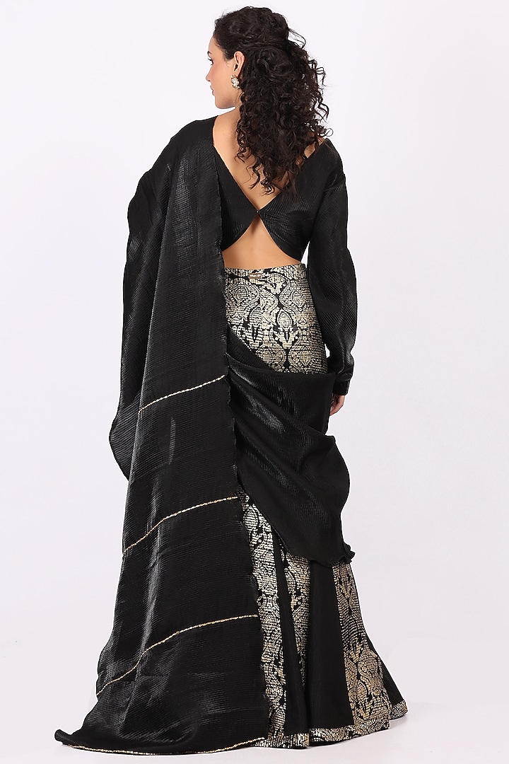 Black Pleated Tissue Embellished Draped Wedding Saree Set by Soniya G at Pernia's Pop Up Shop