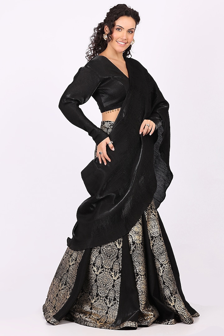 Black Pleated Tissue Embellished Draped Wedding Saree Set by Soniya G at Pernia's Pop Up Shop