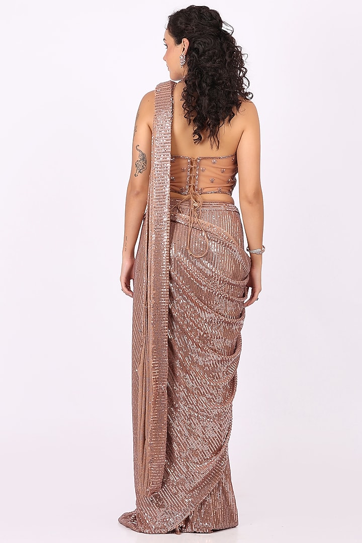 Rose Gold Net Sequin Embellished Draped Wedding Saree Set by Soniya G at Pernia's Pop Up Shop