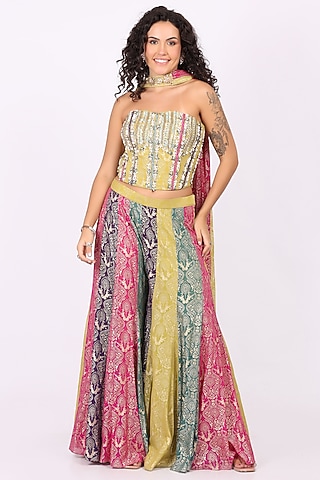 Multi-Colored Foil Georgette Embellished Lehenga Set by Soniya G