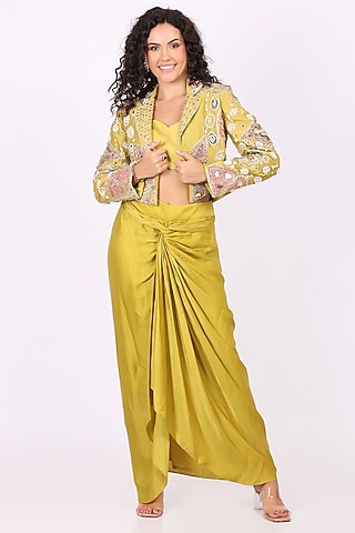 Yellow Modal Satin Draped Skirt Set by Soniya G