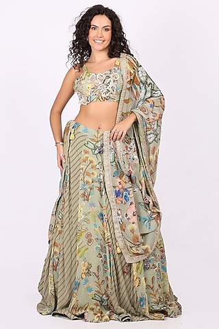 Green Georgette Printed Lehenga Set by Soniya G