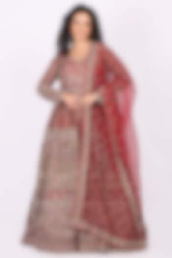 Red Net Hand Embroidered Wedding Lehenga Set by Soniya G at Pernia's Pop Up Shop
