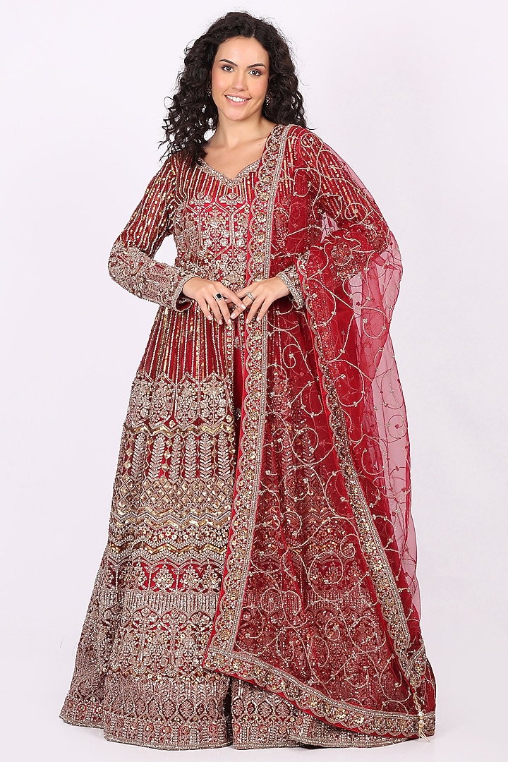 Red Net Hand Embroidered Wedding Lehenga Set by Soniya G at Pernia's Pop Up Shop