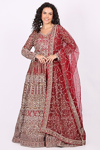 Red Net Hand Embroidered Lehenga Set by Soniya G