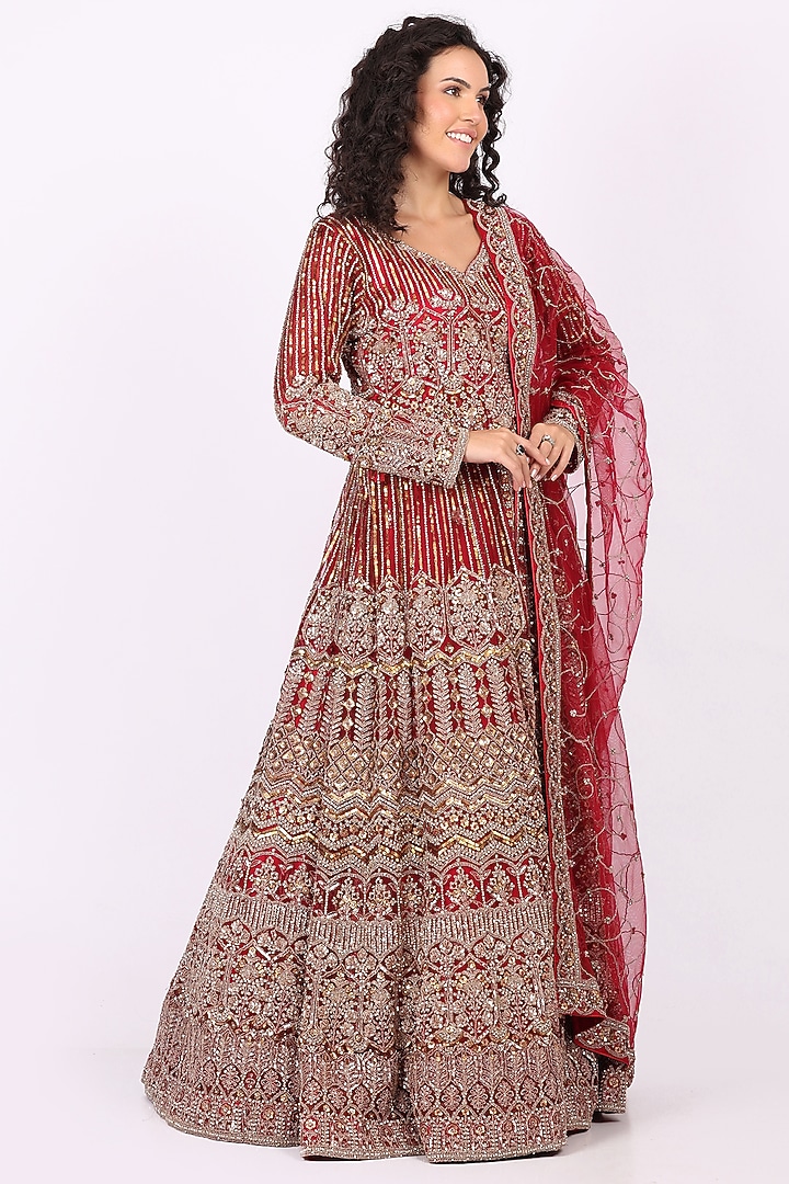 Red Net Hand Embroidered Wedding Lehenga Set by Soniya G at Pernia's Pop Up Shop