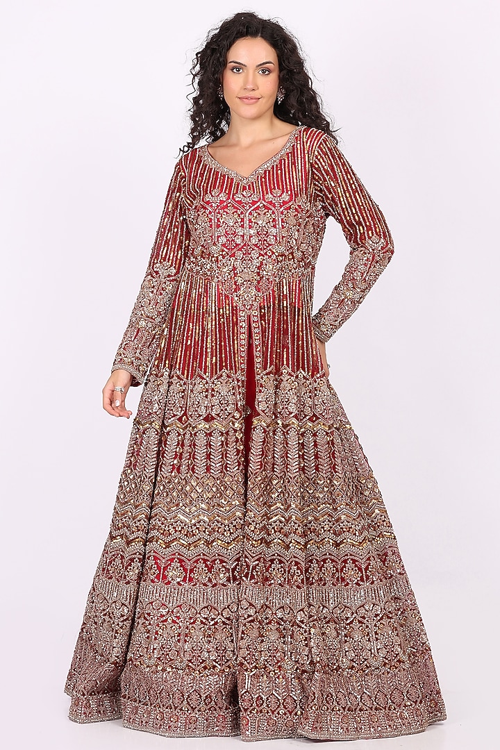 Red Net Hand Embroidered Wedding Lehenga Set by Soniya G at Pernia's Pop Up Shop