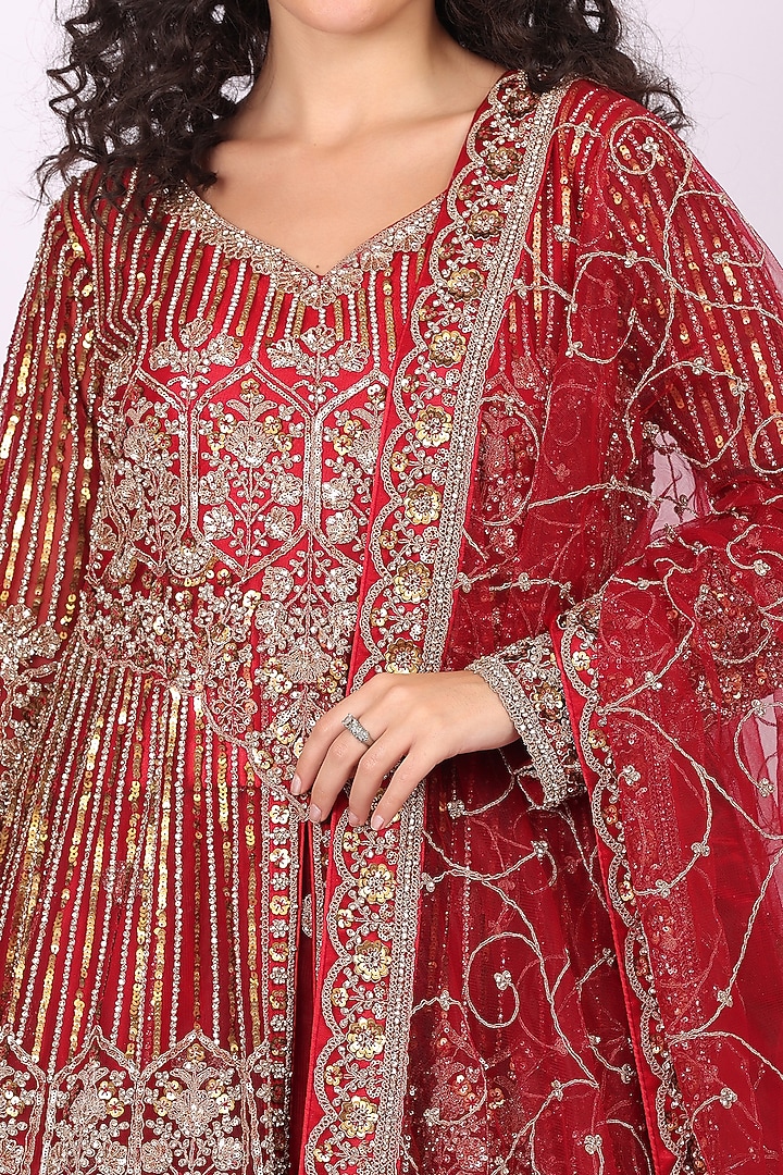 Red Net Hand Embroidered Wedding Lehenga Set by Soniya G at Pernia's Pop Up Shop