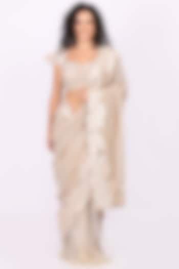 Fawn Beige Net Sequin Embellished Draped Wedding Saree Set by Soniya G at Pernia's Pop Up Shop