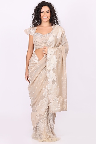 Fawn Beige Net Sequin Embellished Draped Saree Set by Soniya G