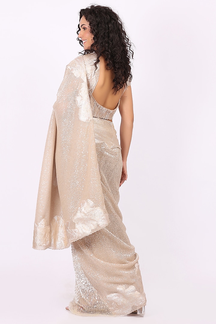 Fawn Beige Net Sequin Embellished Draped Wedding Saree Set by Soniya G at Pernia's Pop Up Shop