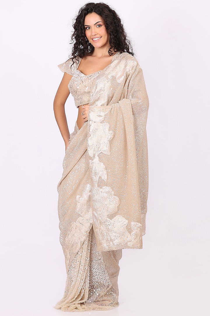 Fawn Beige Net Sequin Embellished Draped Wedding Saree Set by Soniya G at Pernia's Pop Up Shop