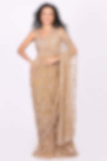 Fawn Beige Net Sequin Embroidered Draped Wedding Saree Set by Soniya G at Pernia's Pop Up Shop