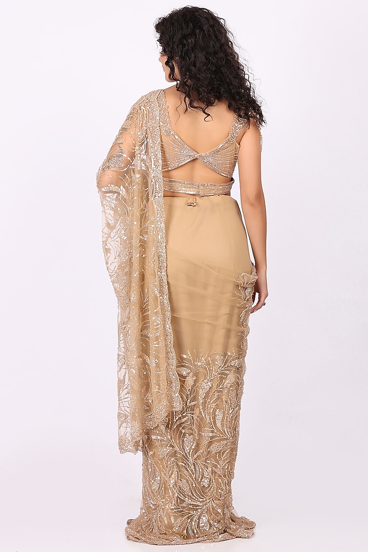 Fawn Beige Net Sequin Embroidered Draped Wedding Saree Set by Soniya G at Pernia's Pop Up Shop