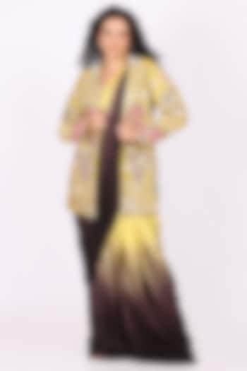 Yellow & Black Ombre Modal Satin Draped Wedding Saree Set by Soniya G at Pernia's Pop Up Shop