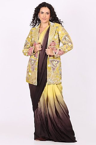 Yellow & Black Ombre Modal Satin Draped Saree Set by Soniya G