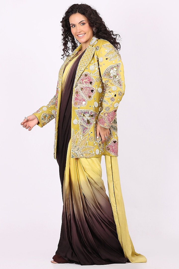 Yellow & Black Ombre Modal Satin Draped Wedding Saree Set by Soniya G at Pernia's Pop Up Shop