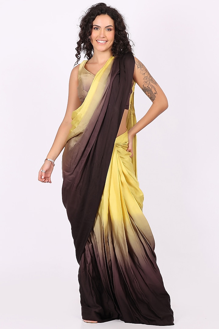 Yellow & Black Ombre Modal Satin Draped Wedding Saree Set by Soniya G at Pernia's Pop Up Shop