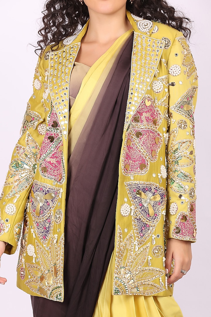 Yellow & Black Ombre Modal Satin Draped Wedding Saree Set by Soniya G at Pernia's Pop Up Shop