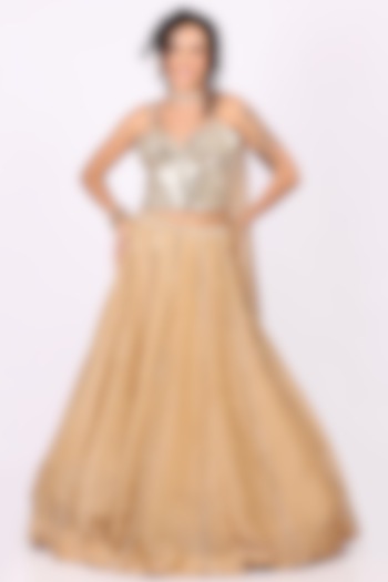 Fawn Beige Tissue Mirror Embellished Lehenga Set by Soniya G at Pernia's Pop Up Shop