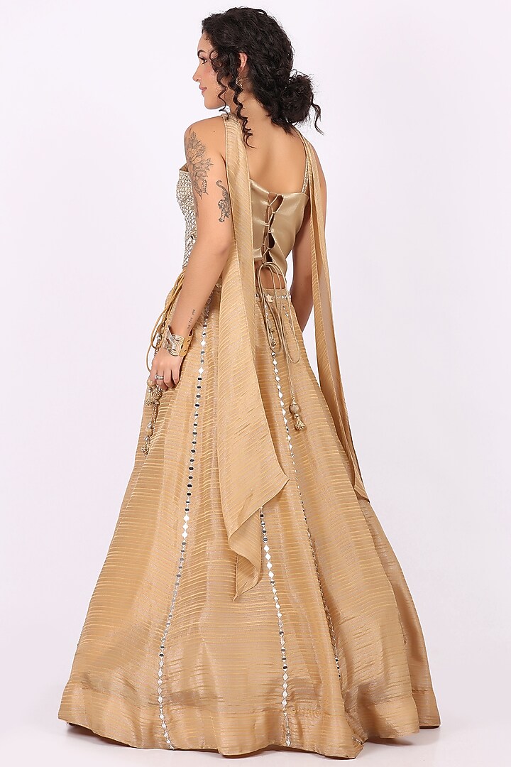 Fawn Beige Tissue Mirror Embellished Lehenga Set by Soniya G at Pernia's Pop Up Shop