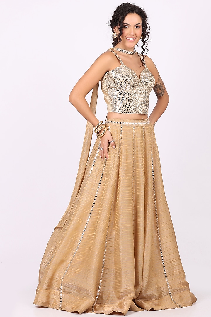 Fawn Beige Tissue Mirror Embellished Lehenga Set by Soniya G at Pernia's Pop Up Shop