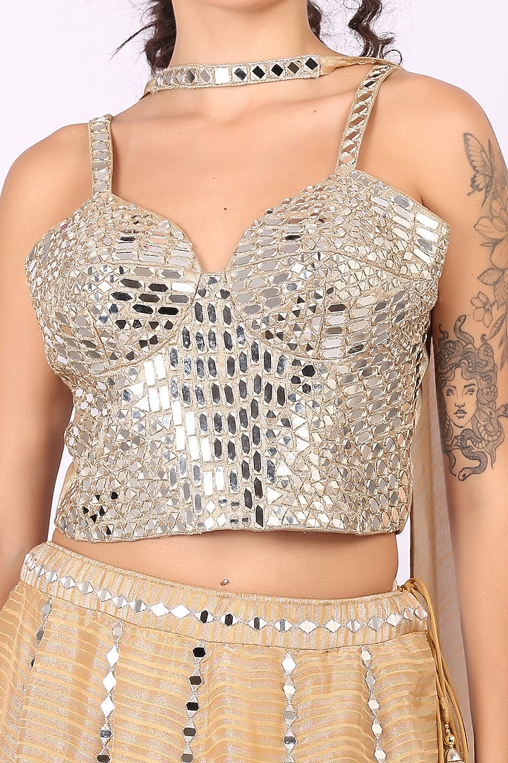 Fawn Beige Tissue Mirror Embellished Lehenga Set by Soniya G at Pernia's Pop Up Shop