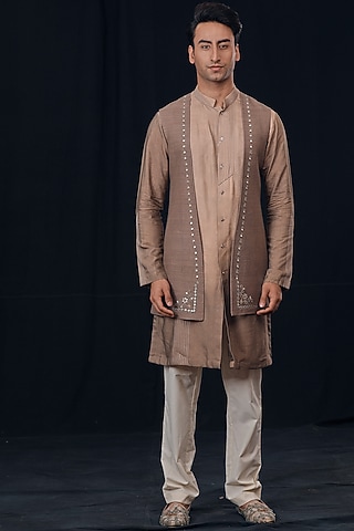 Mud Brown Kurta Set With Jacket For Boys by Soniya G KIDS