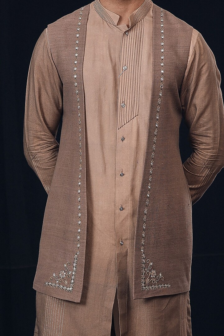 Mud Brown Kurta Set With Jacket For Boys by Soniya G KIDS at Pernia's Pop Up Shop