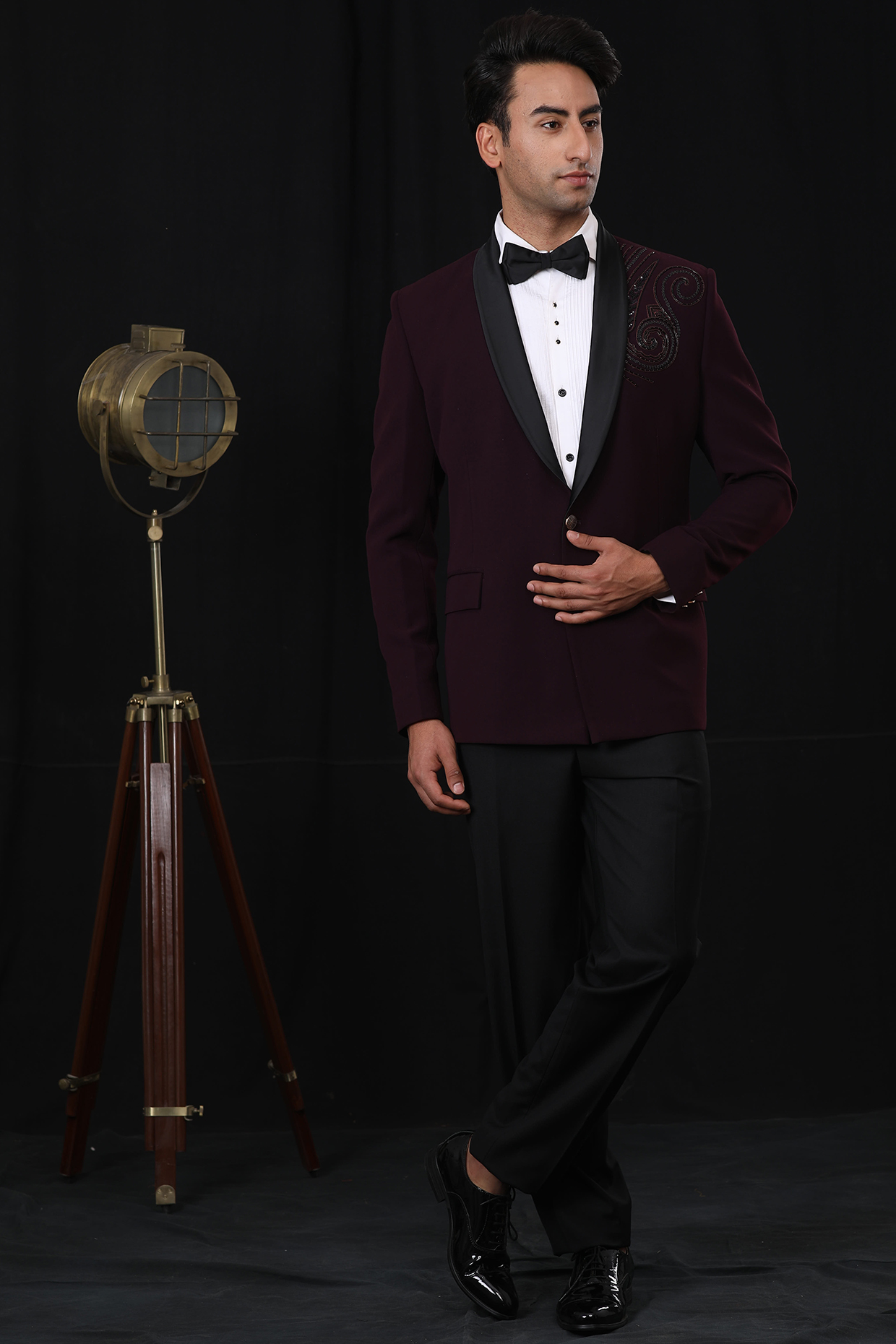 Wine Embroidered Tuxedo Set For Boys by Soniya G KIDS