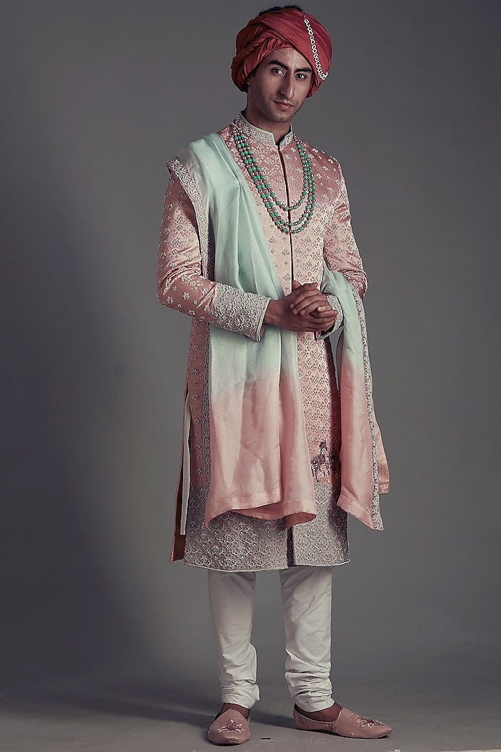 Powder Pink Embroidered Sherwani Set With Accessories For Boys by Soniya G KIDS