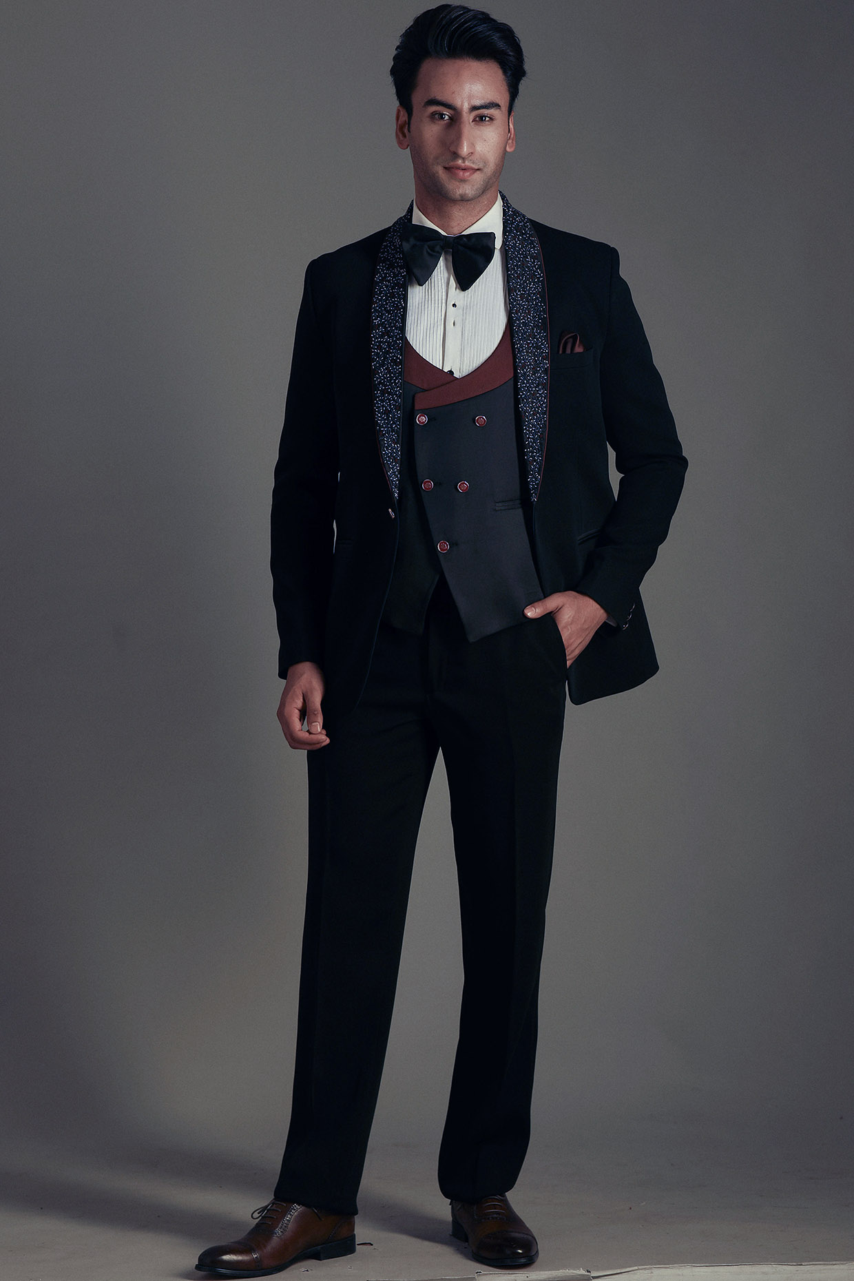 Black Italian Crepe Embroidered Tuxedo Set For Boys by Soniya G KIDS
