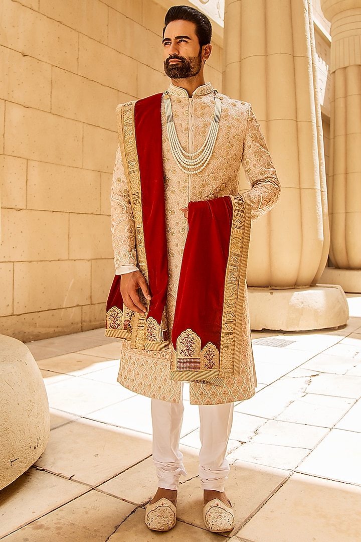 Rose Gold Sherwani Set With Accessories For Boys by Soniya G KIDS